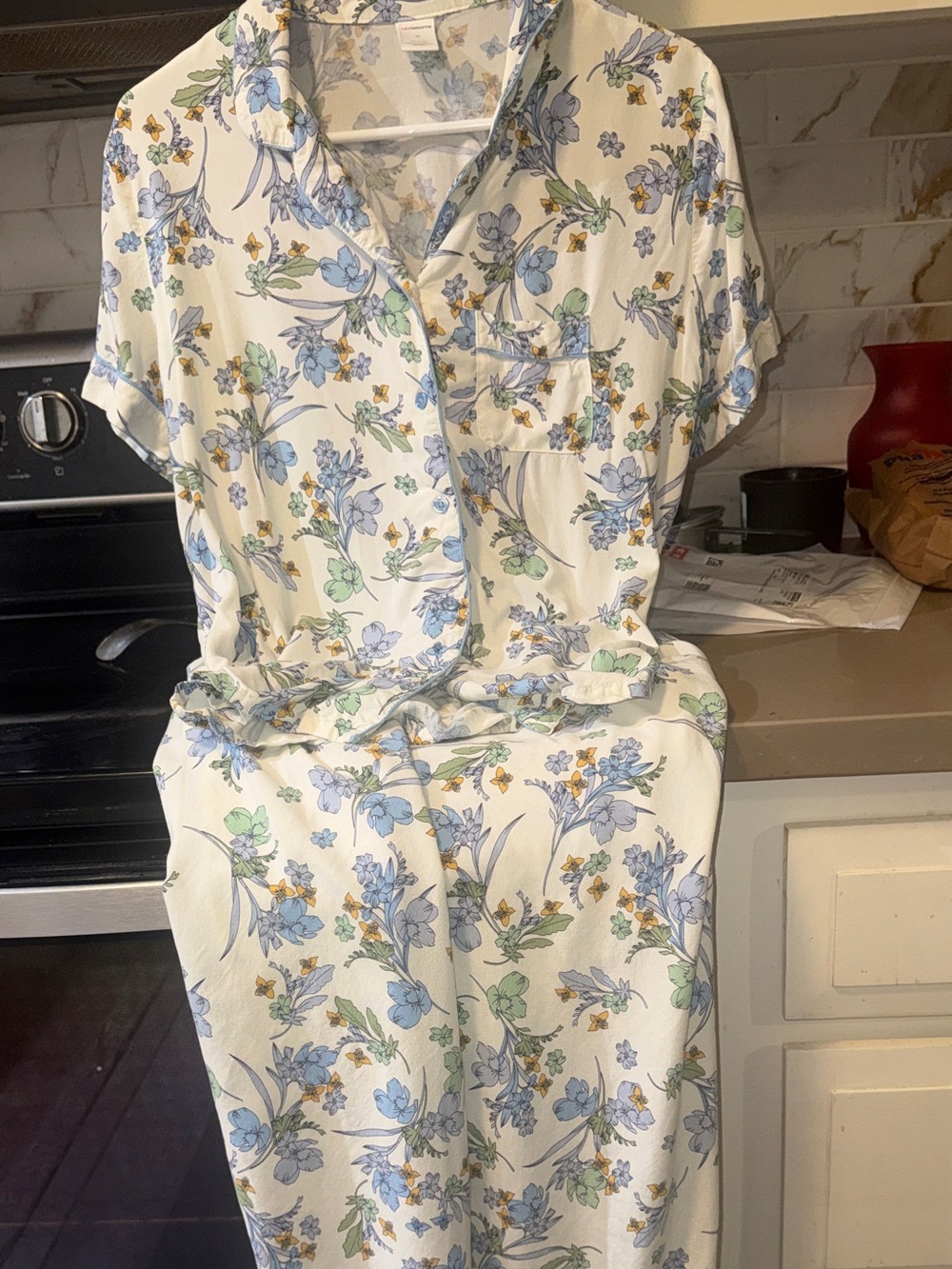 Liz Claiborne White Floral Two-Piece Sleep Set with Blue & Green Blooms